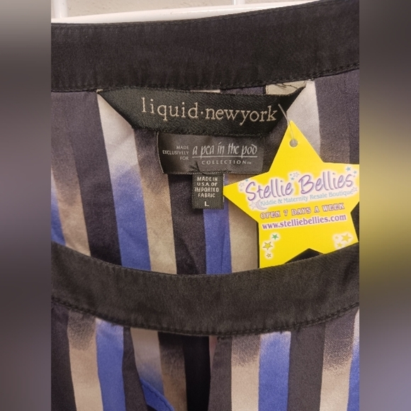 PEA IN POD MATERNITY Liquid NY black & blue striped 100% Silk blouse - Picture 3 of 4